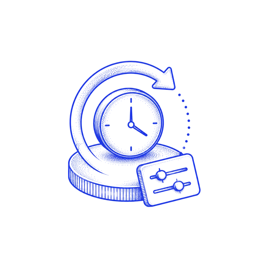 Illustration of a clock cycling continuously alongside an approval card